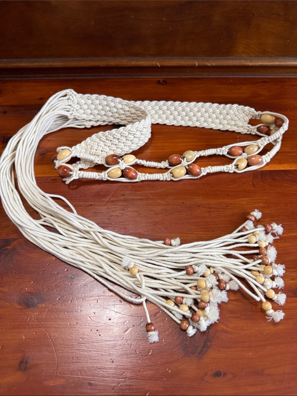 Macramé Fringe Tie Belt with Wooden Bead Detail — Cream and Brown